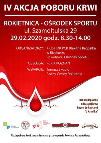 Plakat promujący akcję poboru krwi. Na plakacie zawarte są informacje o dacie, miejscu i organizatorach wydarzenia.