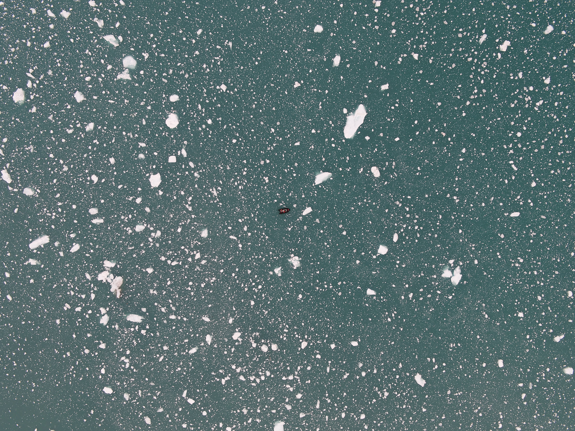 Na zdjęciu pojazd na wodzie widoczny z góry. Dookoła kawałki spadającego śniegu. Autor Tomasz Kurczaba