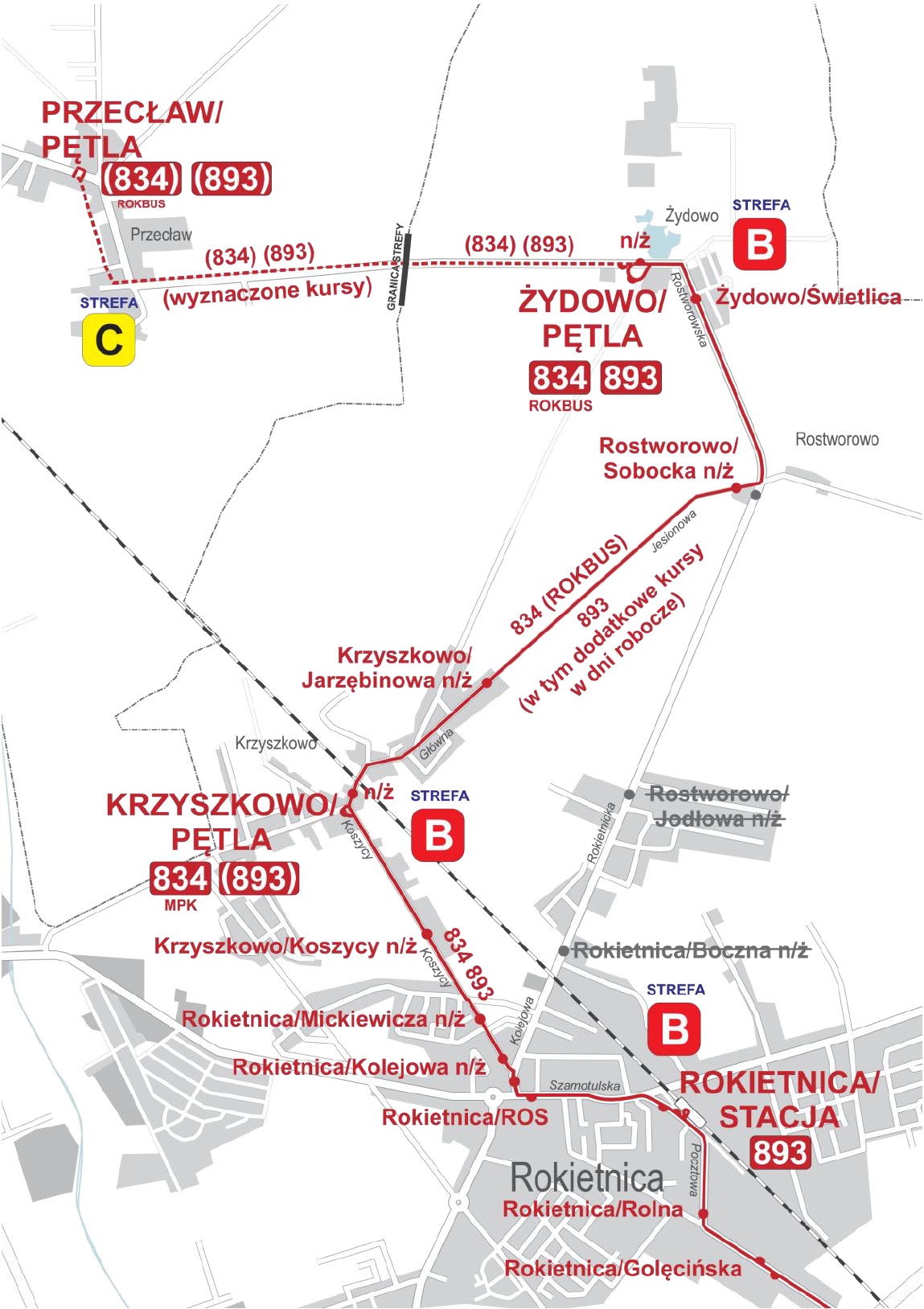 Schemat przedstawia zmienione trasy linii nr 834 i 893 w związku z zamknięciem przejazdu kolejowego na ul. Kolejowej w Rokietnicy.