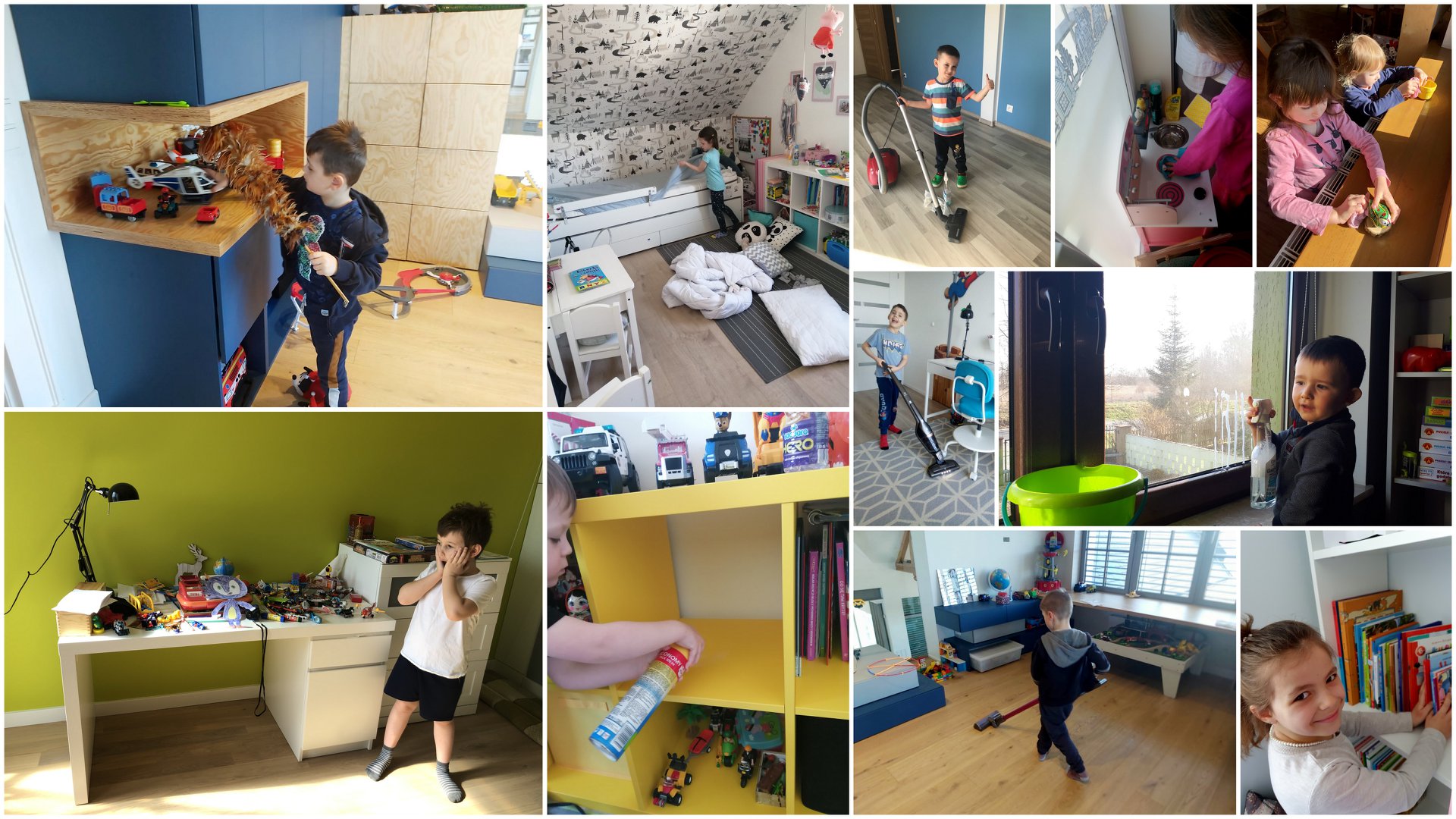 Na kolażu z 10 zdjęć znajdują się dzieci w trakcie sprzątania pokoju. Odkurzają, ścierają kurze, ścielą łóżko, myją okna i układają książki.