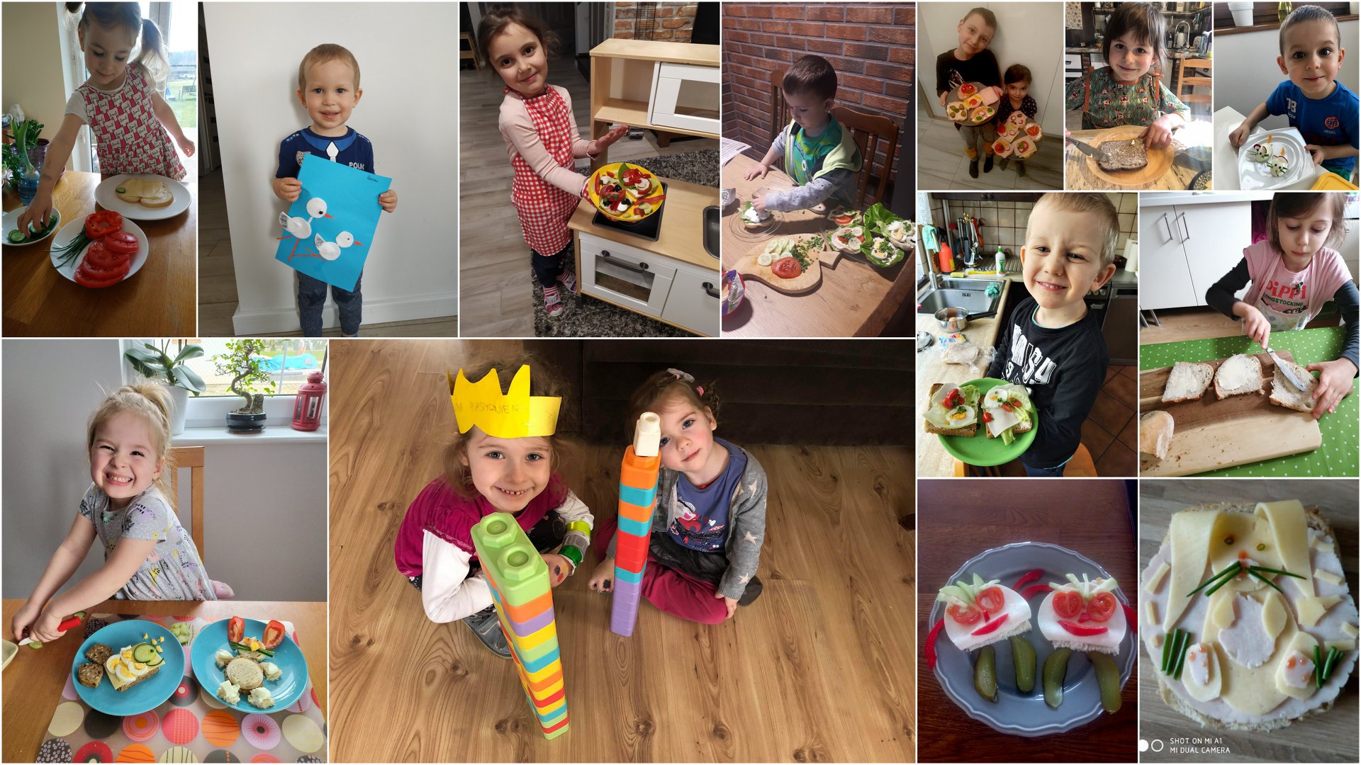 Na kolażu z 13 zdjęć znajdują się dzieci prezentujące przygotowane przez siebie kolorowe kanapki, a także prace plastyczne i budowle z klocków.