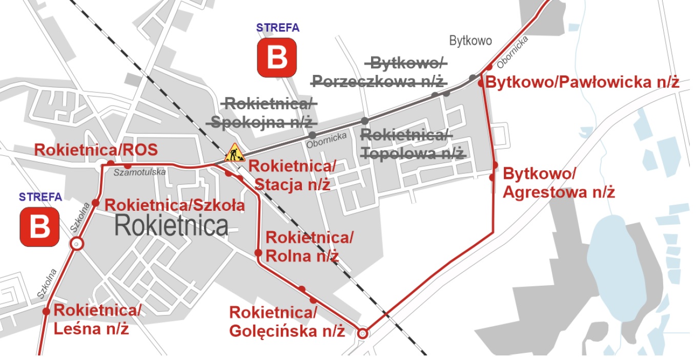 Na mapie widoczna zmieniona trasa linii nr 832 w związku z zamknięciem przejazdu na ul. Obornickiej w Rokietnicy. W związku z powyższym pomiędzy Rokietnicą a Bytkowem autobusy linii nr 832 będą kursować objazdem ulicami Pocztową, Golęcińską i Pawłowicką.