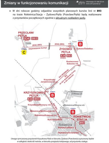 mapka do informacji o zmianach w funkcjonowaniu autobusów linii 834 i 893