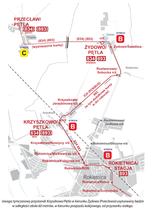 Schemat przedstawia zmienione trasy linii nr 834 i 893 w związku z zamknięciem przejazdu kolejowego na ul. Kolejowej w Rokietnicy.