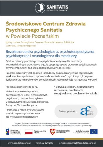 ulotka z informacjami o pomocy psychologicznej, psychoterapeutycznej, neurologicznej dla osób poniżej 18 roku życia