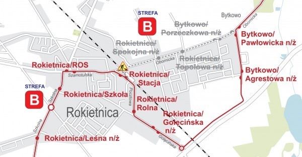 Na mapie widoczna zmieniona trasa linii nr 832 w związku z zamknięciem przejazdu na ul. Obornickiej w Rokietnicy. W związku z powyższym pomiędzy Rokietnicą a Bytkowem autobusy linii nr 832 będą kursować objazdem ulicami Pocztową, Golęcińską i Pawłowicką.