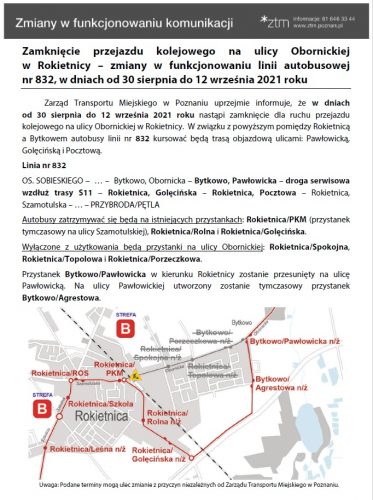 Zdjęcie przedstawia informację o zmianach w komunikacji publicznej związanych z zamknięciem przejazdu kolejowego na ul. Obornickiej w Rokietnicy