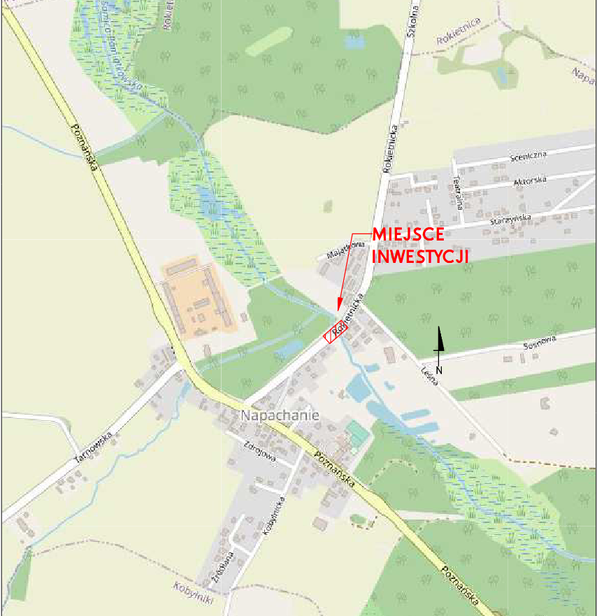 Na mapie fragment miejscowości Napachanie. Na ul. Rokietnickiej, na czerwono ze strzałką zaznaczone miejsce inwestycji.