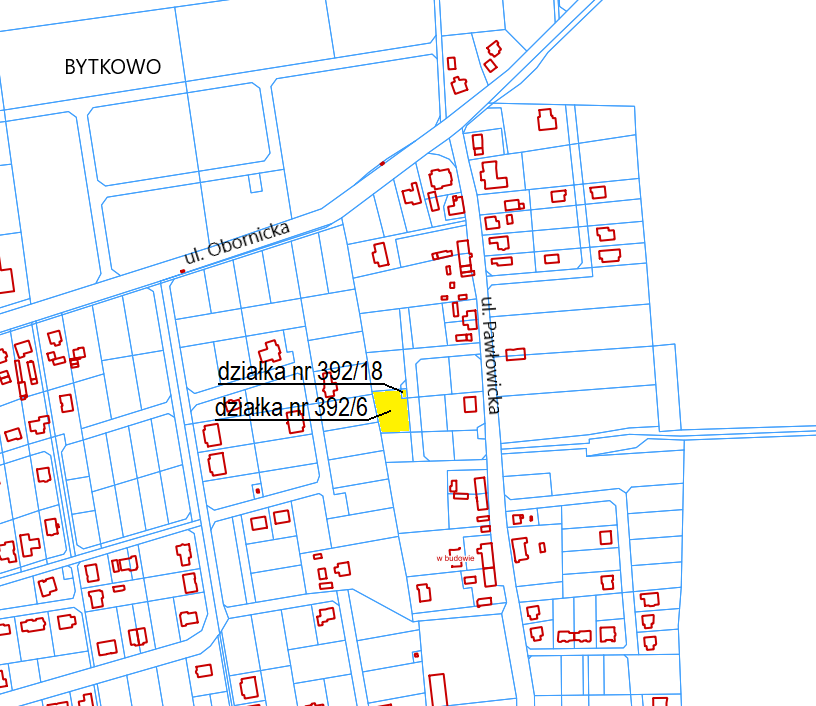 Na mapie fragment miejscowości Bytkowo i ulic Obornickiej i prawie prostopadłej Pawłowickiej. Na żółto zaznaczone działki o numerach: 392/18 i 392/6. Dookoła nich zaznaczone na czerwono budynki.