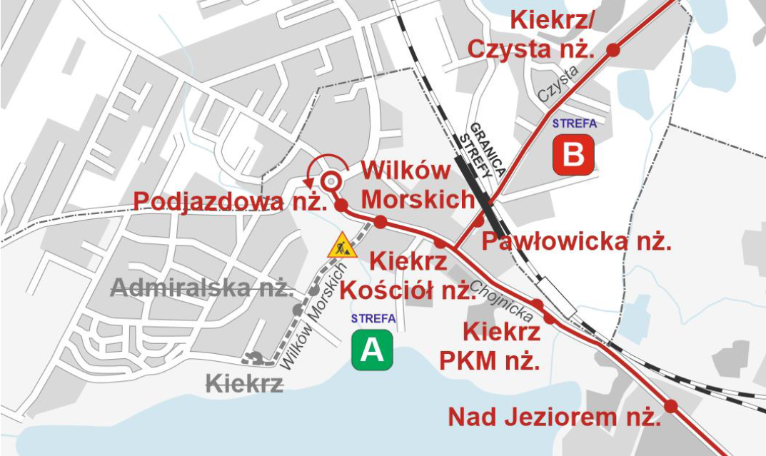 Grafika: fragment mapy Kiekrza z&nbsp;zaznaczoną zmienioną trasą linii autobusowej