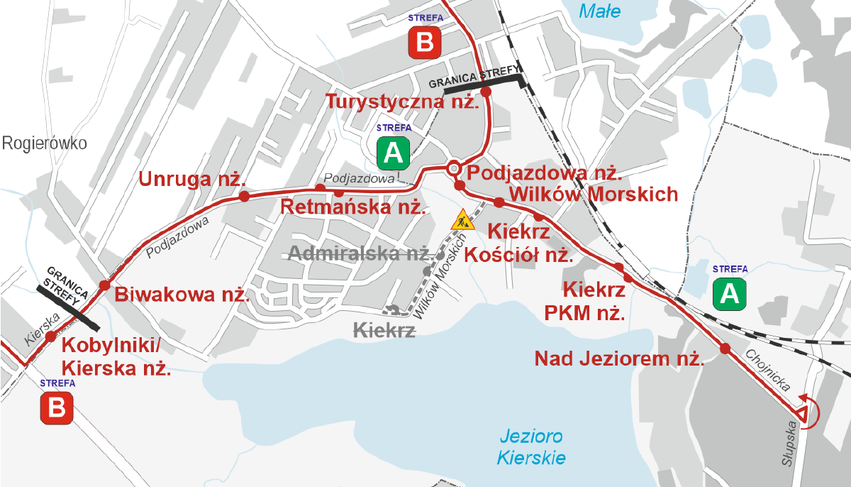 Grafika: fragment mapy Kiekrza z&nbsp;zaznaczoną zmienioną trasą linii autobusowej