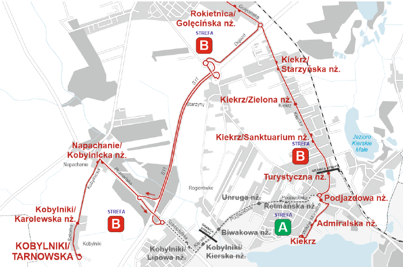 mapa przedstawiająca trasę autobusu zgodnie z&nbsp;powyższym opisem