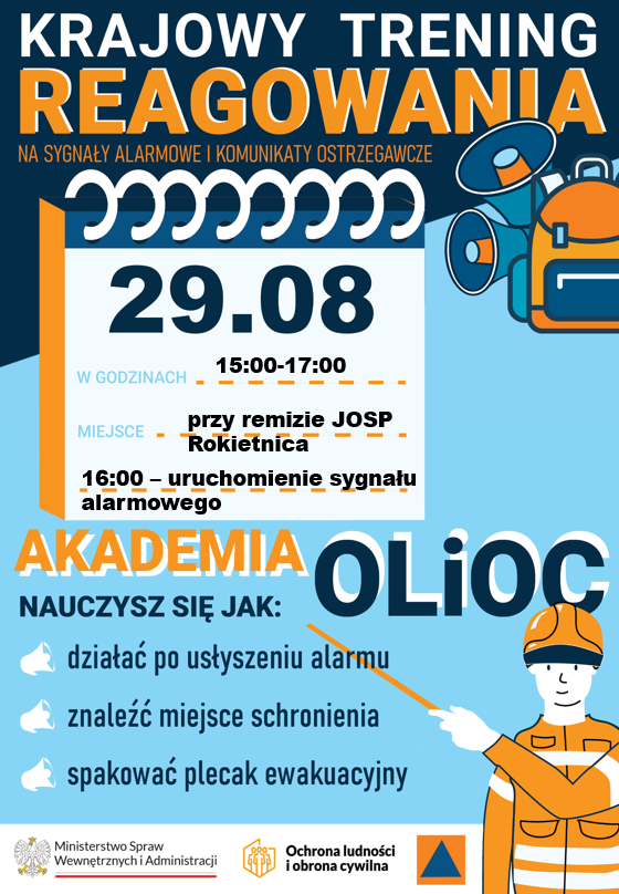 Plakat informujący o&nbsp;wydarzeniu. Dodatkowo: nauczysz się jak: działać po usłyszeniu alarmu, znaleźć miejsce schronienia, spakować plecak ewakuacyjny