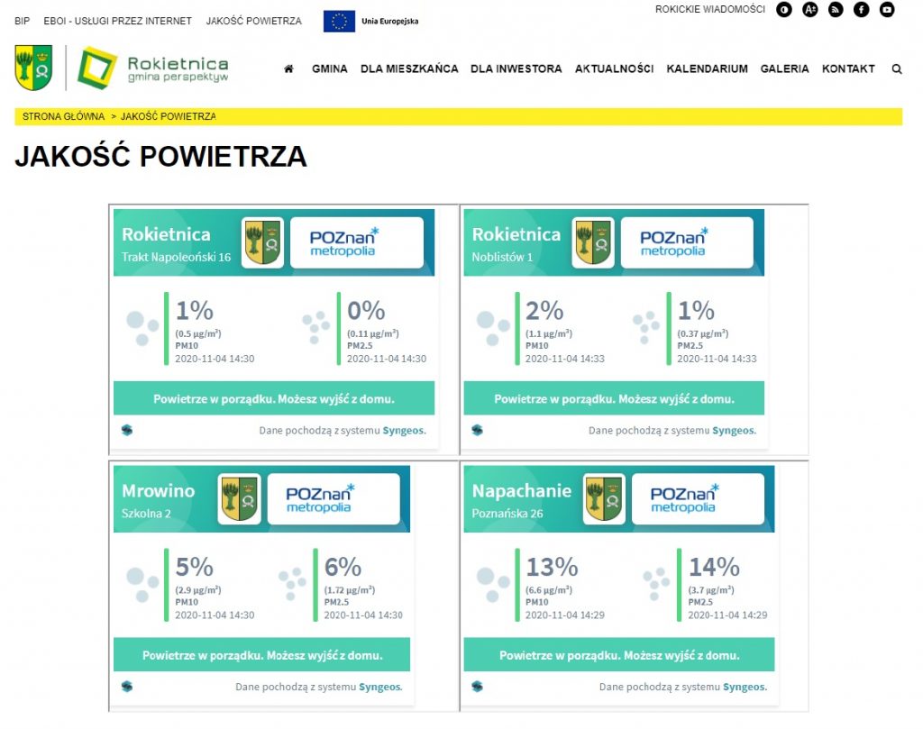 Widok na&nbsp;stronę rokietnica.pl - zakładka jakość powietrza - pomiary z&nbsp;czterech czujnik&oacute;w rozlokowanych w&nbsp;gminie.