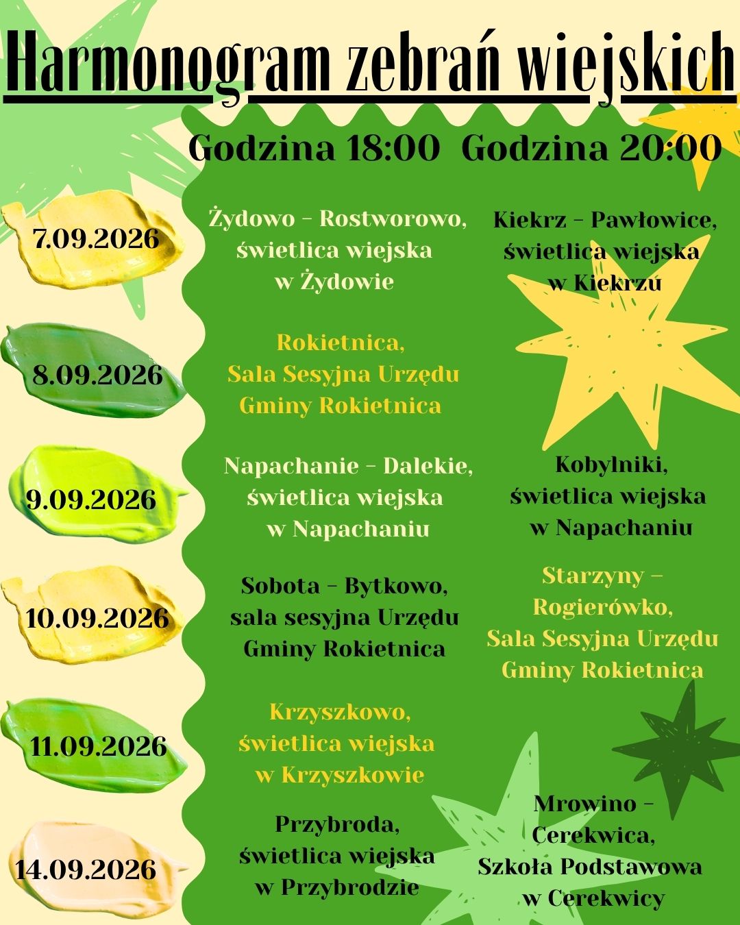 Grafika dotycząca harmonogramu zebrań wiejskich w&nbsp;kolorach zielono-ż&oacute;łtych. Treść: Harmonogram zebrań wiejskich Godzina 18:00 Godzina 20:00 7.09.2026 8.09.2026 9.09.2026 10.09.2026 11.09.2026 Żydowo - Rostworowo, świetlica wiejska w&nbsp;Zydowie Rokietnica, Sala Sesyjna Urzędu Gminy Rokietnica Napachanie - Dalekie, świetlica wiejska w&nbsp;Napachaniu Sobota - Bytkowo, sala sesyjna Urzędu Gminy Rokietnica Krzyszkowo, świetlica wiejska w&nbsp;Krzyszkowie Kiekrz - Pawłowice, świetlica wiejska w&nbsp;Kiekrz&uacute; Kobylniki, świetlica wiejska w&nbsp;Napachaniu Starzyny - Rogier&oacute;wko, Sala Sesyjna Urzędu Gminy Rokietnica 14.09.2026 Przybroda, świetlica wiejska w&nbsp;Przybrodzie Mrowino - Cerekwica, Szkoła Podstawowa w&nbsp;Cerekwicy