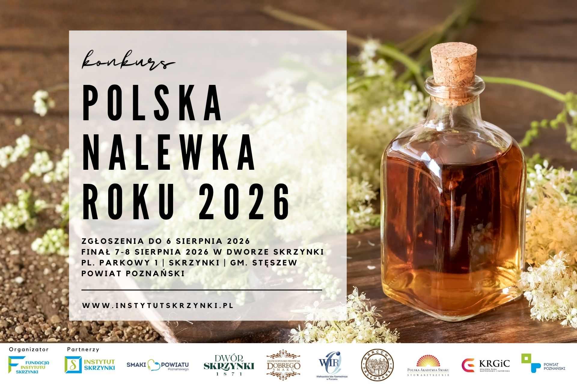 Grafika informująca o&nbsp;konkursie "Polska nalewka roku 2026" w&nbsp;tle obraz dekoracyjny przedstawiający nalewkę. 