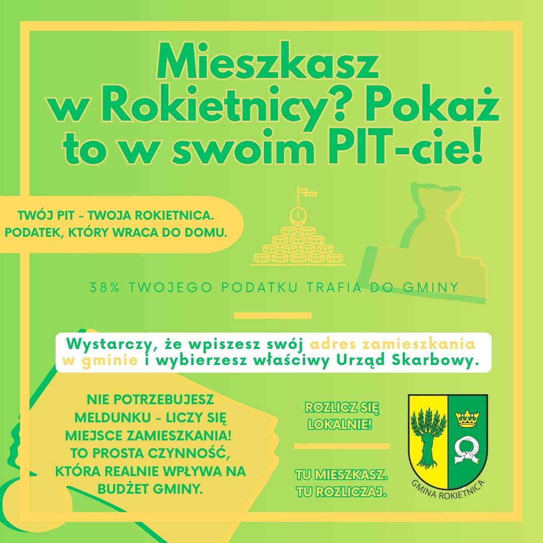Plakat informacyjny gminy Rokietnica w&nbsp;zielono-ż&oacute;łtej kolorystyce zachęcający do rozliczania podatku PIT w&nbsp;miejscu zamieszkania. Gł&oacute;wny nagł&oacute;wek brzmi: &bdquo;Mieszkasz w&nbsp;Rokietnicy? Pokaż to w&nbsp;swoim PIT-cie!&rdquo;. Grafika podkreśla, że&nbsp;38% podatku trafia do gminy i&nbsp;wraca do mieszkańc&oacute;w. Zawiera informację, że&nbsp;nie trzeba mieć meldunku &ndash; liczy się faktyczne miejsce zamieszkania &ndash; oraz&nbsp;że wystarczy wpisać adres i&nbsp;wybrać właściwy urząd skarbowy. Na dole hasła: &bdquo;Rozlicz się lokalnie!&rdquo; oraz&nbsp;&bdquo;Tu mieszkasz. Tu rozliczaj.&rdquo; Obok widoczny herb gminy Rokietnica oraz&nbsp;proste ikony symbolizujące pieniądze i&nbsp;budżet.