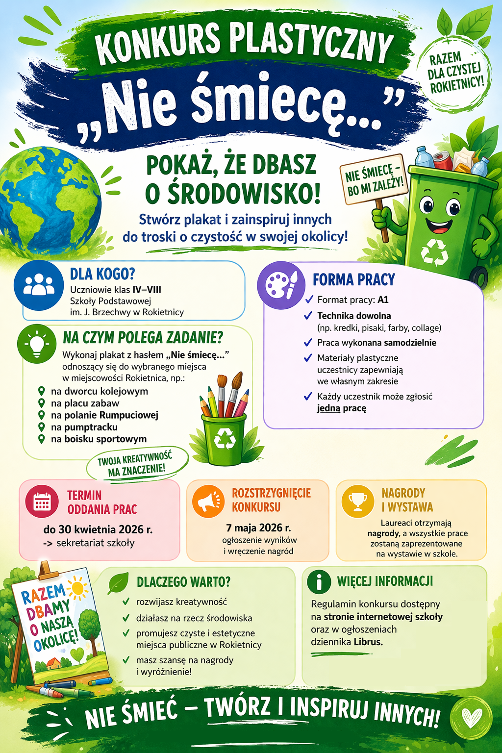 Kolorowy plakat informujący o&nbsp;konkursie plastycznym &bdquo;Nie śmiecę&hellip;&rdquo; dla uczni&oacute;w klas IV&ndash;VIII szkoły podstawowej w&nbsp;Rokietnicy. Zawiera informacje o&nbsp;zadaniu polegającym na&nbsp;stworzeniu plakatu o&nbsp;dbaniu o&nbsp;czystość w&nbsp;wybranym miejscu, zasadach udziału (format A1, technika dowolna), terminie oddania prac do 30 kwietnia 2026 roku oraz&nbsp;rozstrzygnięciu 7 maja 2026 roku. Na grafice widoczne są ilustracje Ziemi, kosza do recyklingu oraz&nbsp;element&oacute;w związanych z&nbsp;ekologią.