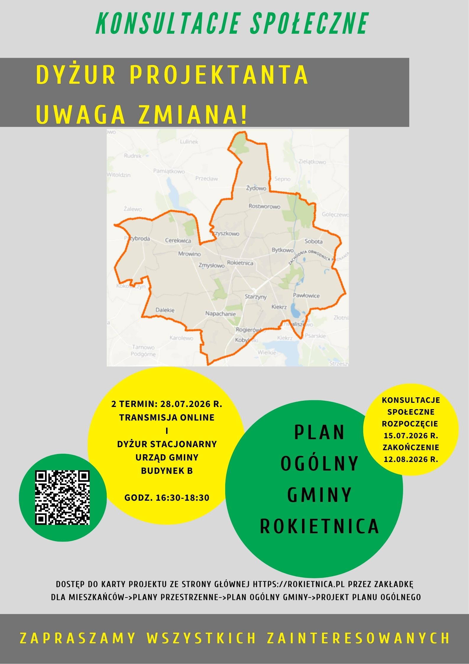 Grafika informująca o&nbsp;dodatkowym terminie przyjęć projektanta w&nbsp;związku z&nbsp;konsultacjami społecznymi Planu Og&oacute;lnego Gminy Rokietnica. 