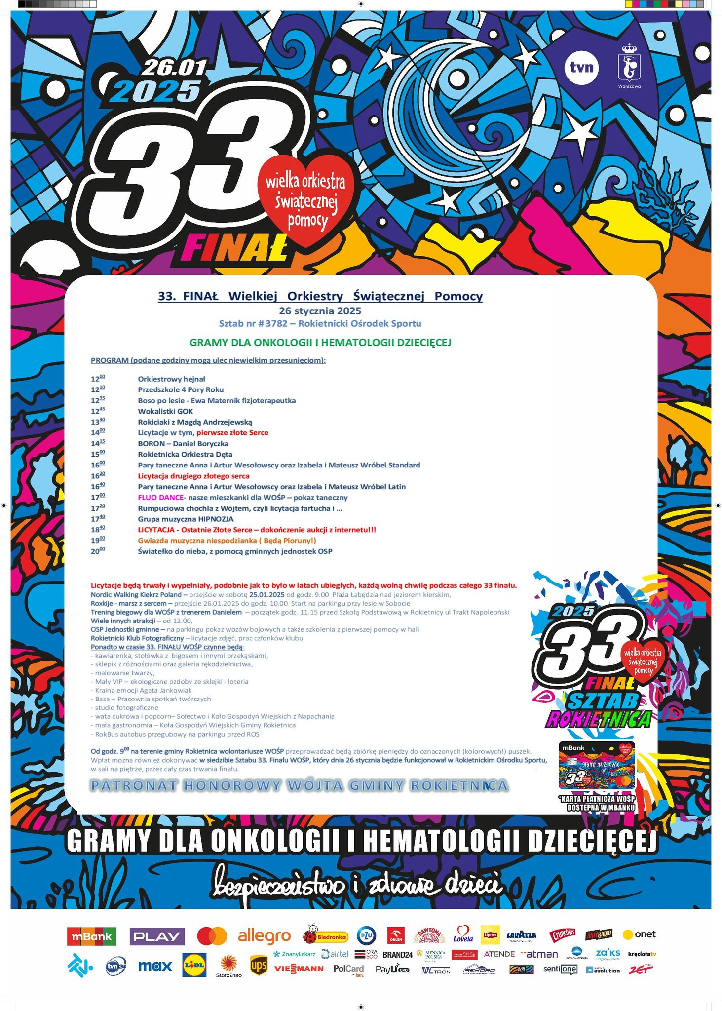 Na plakacie logotypy 33. Finału WOŚP i&nbsp;godzinowy harmonogram atrakcji wydarzenia w&nbsp;godz. 12:00-20:00. Gramy dla onkologii i&nbsp;hematologii dziecięcej. Bezpieczeństwo i&nbsp;zdrowie dzieci.