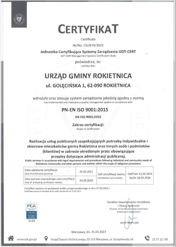 Zdjęcie zawiera certyifkat poświadczający wdrożenie oraz&nbsp;stosowanie systemu zarządzania jakością zgodnym z&nbsp;norma PN-EN ISO 9001:2015