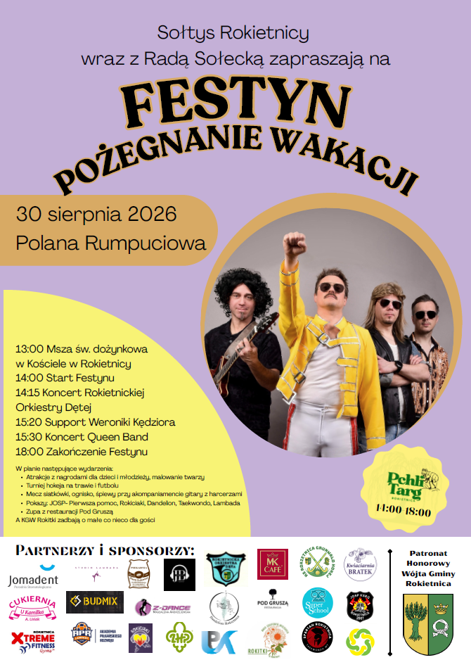 Plakat Festynu Pożegnanie wakacji 30 sierpnia na&nbsp;Polanie Rumpuciowej. Program godzinowy, atrakcje, partnerzy, sponsorzy i&nbsp;Honorowy Patronat W&oacute;jta Gminy Rokietnica
