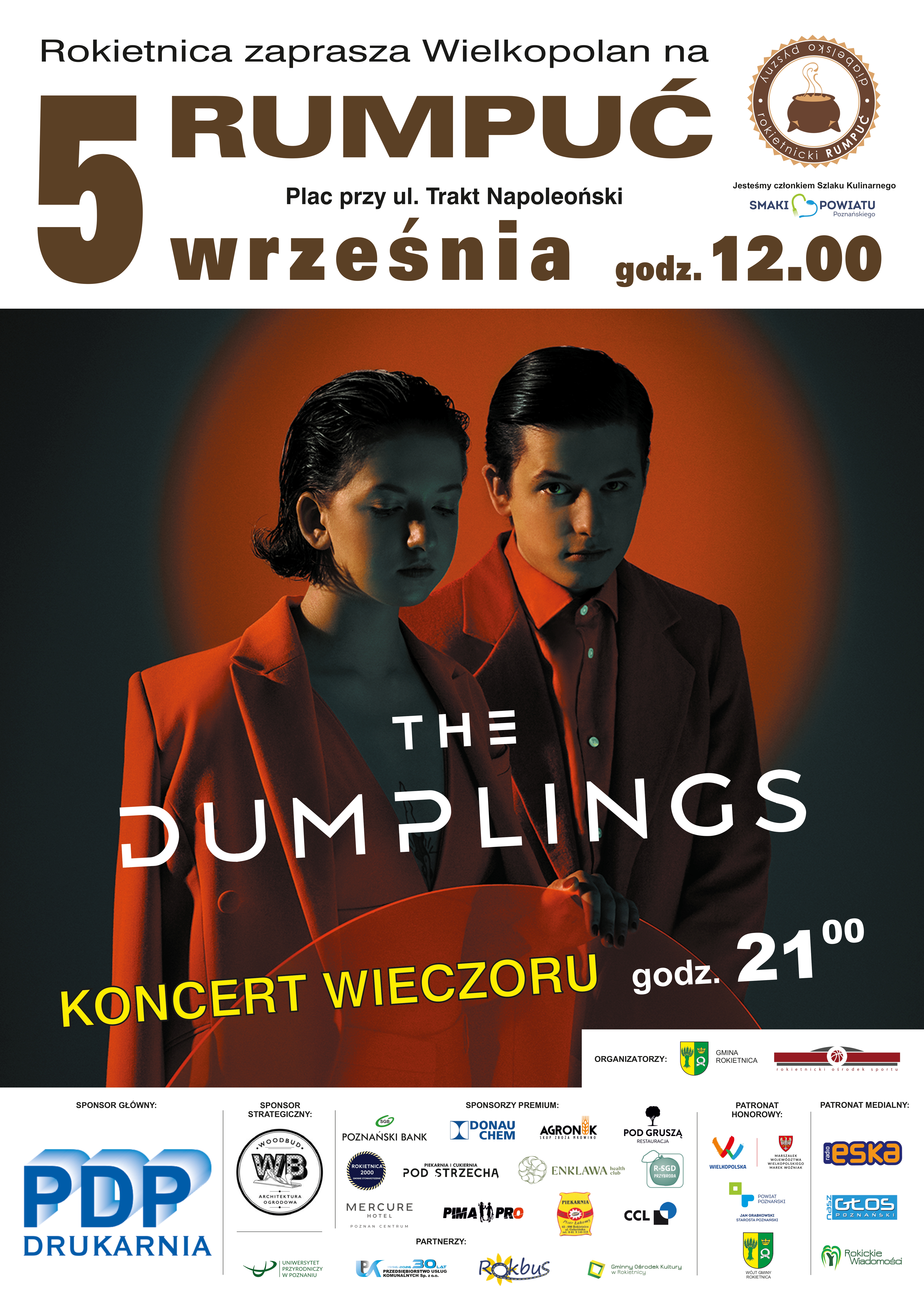 Grafika informująca o&nbsp;imprezie pn. "Rokietnica zaprasza Wielkopolan na&nbsp;Rumpuć" Zdjęcie gwiazdy wieczoru The Dumplings oraz&nbsp;teść jak w&nbsp;poniższym artykule. 