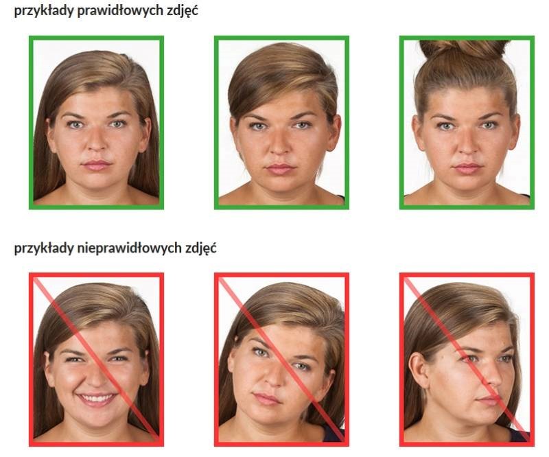  na&nbsp;g&oacute;rze 3 prawidłowo wykonane zdjęcia do dowod&oacute;w w&nbsp;zielonej ramce, na&nbsp;dole 3 nieprawidłowo wykonane zdjęcia do dowod&oacute;w w&nbsp;czerwonej ramce.