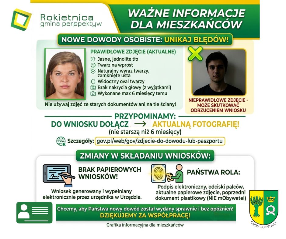 Biało, zielono. ż&oacute;łte kolory, treść jak w&nbsp;artykule, logo i&nbsp;herb gminy Rokietnica, rysunek dowodu, odcisku palca i&nbsp;podpisu elektronicznego