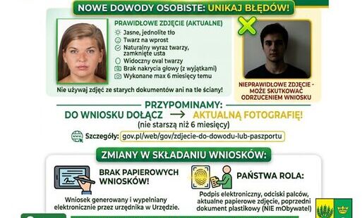 Biało, zielono. żółte kolory, treść jak w artykule, logo i herb gminy Rokietnica, rysunek dowodu, odcisku palca i podpisu elektronicznego.