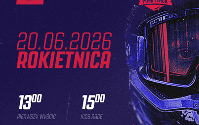 grafika: logotyp Nie Pompujesz - Nie Jedziesz 5 Runda. 20.06.2026 Rokietnica. Pierwszy wyścig 13:00, kids race 15:00. Zapisy na pompuje.pl. Logotypy organizatorów i partnerów m.in. herb Gminy Rokietnica. Zdjęcie głowy człowieka w kasku.