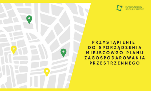 Grafika: na żółtym tle logotyp Rokietnica gmina perspektyw i napis KONSULTACJE SPOŁECZNE PROJEKT MIEJSCOWEGO PLANU ZAGOSPODAROWANIA PRZESTRZENNEGO. Obok fragment mapy z czterema wskaźnikami (2 żółte i 2 zielone)