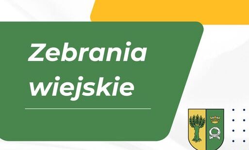 Na grafice na białym tle żółte kształty przypominające równoległobok, na zielonym napis zebrania wiejskie. Obok herb Gminy Rokietnica.