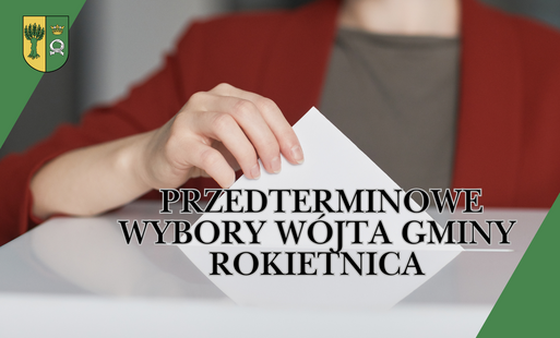 zdjęcie osoby wrzucającej głos do urny. Napis Przedterminowe wybory Wójta Gminy Rokietnica i herb Gminy Rokietnica