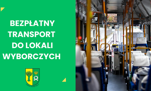 Bezpłatny transport do lokali wyborczych, herb Gminy Rokietnica, obok zdjęcie wnętrza autobusu
