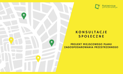 Grafika: na żółtym tle logotyp Rokietnica gmina perspektyw i napis KONSULTACJE SPOŁECZNE. Obok fragment mapy z czterema wskaźnikami (2 żółte i 2 zielone)