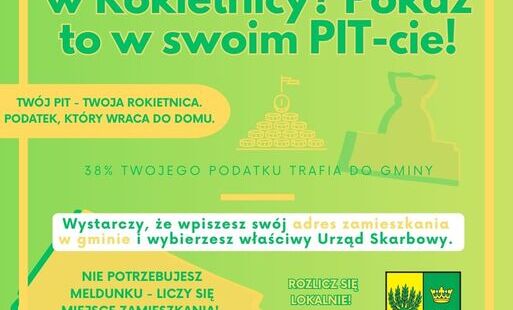 Plakat informacyjny gminy Rokietnica w zielono-żółtej kolorystyce zachęcający do rozliczania podatku PIT w miejscu zamieszkania. Główny nagłówek brzmi: „Mieszkasz w Rokietnicy? Pokaż to w swoim PIT-cie!”. Grafika podkreśla, że 38% podatku trafia do gminy 