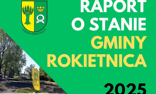 grafika: napis Raport o stanie gminy Rokietnica 2025, herb Gminy Rokietnica i fragment zdjęcia toru pumptrack