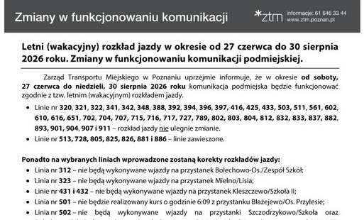Podwieszka o zmianie komunikacji publicznej na okres wakacyjny.
