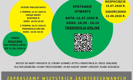 Plakat informujący o konsultacjach społecznych dotyczących projektu Planu Ogólnego Gminy Rokietnica. W centralnej części znajduje się mapa z granicami gminy. Konsultacje trwają od 15 lipca do 12 sierpnia 2026 r. Zaplanowano otwarte spotkanie online 23 lip