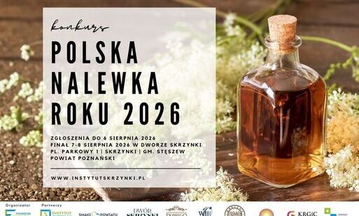 Grafika informująca o konkursie "Polska nalewka roku 2026" w tle obraz dekoracyjny przedstawiający nalewkę. 
