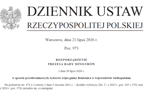 Zrzut Ekranu Rozporządzenia Prezezsa Rady Ministrów z dnia 20 lipca 2026 r. w sprawie przeprowadzenia przedterminowych wyborów Wójta Gminy Rokietnica w województwie wielkopolskim.