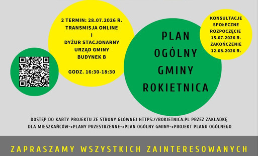 Grafika informacyjna o dodatkowym terminie przyjęc projektanta w związk z konsultacjami społecznymi planu ogólnego gminy Rokietnica. 