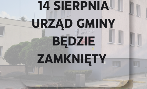 Zdjęcie budynku Urzędu Gminy Rokietnica, herb i napis 14 sierpnia Urząd Gminy będzie zamknięty