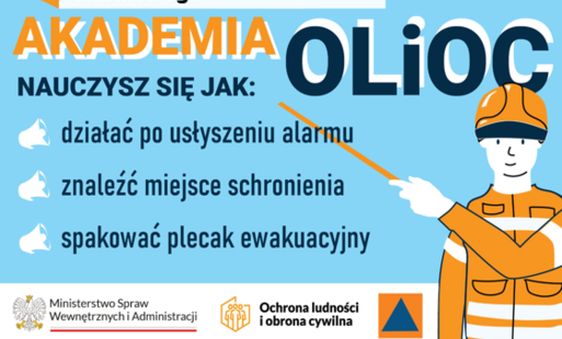 Plakat informujący o wydarzeniu. Dodatkowo: nauczysz się jak: działać po usłyszeniu alarmu, znaleźć miejsce schronienia, spakować plecak ewakuacyjny