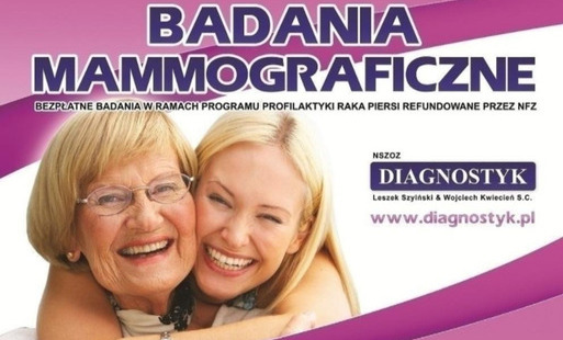 plakat bezpłatnych badań mammograficznych: 14.10.2026, Rokietnica, Biedronka, ul. Szamotulska 7. Rejestracja telefoniczna od poniedziałku do piątku w godz. 8:00-16:00 pod nr tel. (68) 41 41 411 lub online www.diagnostyk.pl. Dla Pań w wieku 45-74 lat, które w ciągu 24 miesięcy nie miały przeprowadzonego badania na koszt NFZ
