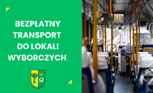 Bezpłatny transport do lokali wyborczych, herb Gminy Rokietnica, obok zdjęcie wnętrza autobusu