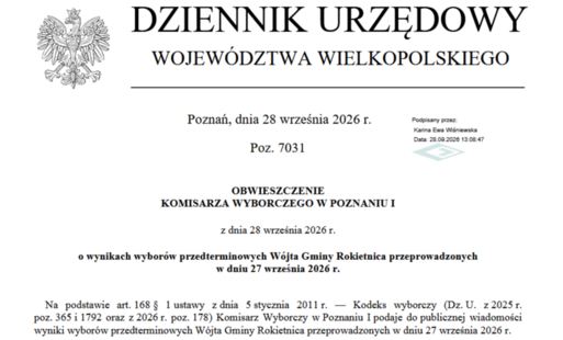 Pierwsza strona OBWIESZCZENIE KOMISARZA WYBORCZEGO W POZNANIU I z dnia 28 września 2026 r. o wynikach wyborów przedterminowych Wójta Gminy Rokietnica przeprowadzonych w dniu 27 września 2026 r.