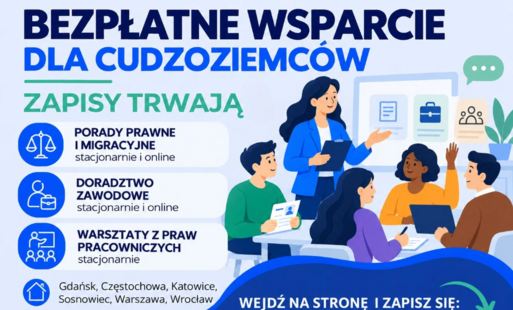 Plakat informacyjny „Bezpłatne wsparcie dla cudzoziemców – zapisy trwają”. Oferta obejmuje porady prawne i migracyjne (stacjonarnie i online), doradztwo zawodowe (stacjonarnie i online) oraz warsztaty z praw pracowniczych (stacjonarnie). Lokalizacje: Gdańsk, Częstochowa, Katowice, Sosnowiec, Warszawa, Wrocław. Adres do zapisów: www.adra.pl/pomoc-dla-migrantow. Po prawej stronie znajduje się ilustracja grupy osób biorących udział w warsztatach z trenerką. Na dole umieszczono logotypy organizatorów i partnerów oraz informację o dofinansowaniu projektu ze środków Funduszu Pracy.