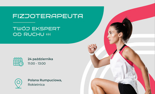 Plakat promujący wydarzenie w ramach akcji „Polska się rusza”, organizowanej przez Krajową Izbę Fizjoterapeutów. Po lewej stronie, w zielonym bloku, widnieją nagłówki: „FIZJOTERAPEUTA” oraz „TWÓJ EKSPERT OD RUCHU”. Poniżej umieszczono szczegóły wydarzenia z ikony graficznymi: data i czas – 24 października w godzinach 11:00–13:00; miejsce – Polana Rumpuciowa, Rokietnica; temat zbiegający z ikoną serca i postaci – „Poza schematem - praktyka ruchu, percepcji i adaptacji”; oraz informacja, że prowadzącą jest Ewa Maternik. Po prawej stronie znajduje się dynamiczne zdjęcie biegającej kobiety w stroju sportowym, przedstawionej na tle czerwonych i białych zakrzywionych linii. Na czerwonym łuku u dołu umieszczono hasło: „TWÓJ RUCH MA ZNACZENIE”. W dolnej części plakatu znajduje się sekcja „PATRONAT HONOROWY” zawierająca logotypy partnerów instytucjonalnych: Sejmu Rzeczypospolitej Polskiej (Wicemarszałek Sejmu Monika Wielichowska), Ministra Zdrowia, Ministra Edukacji, Ministerstwa Sportu i Turystyki, Pełnomocnika Rządu do spraw Polityki Senioralnej, Narodowego Funduszu Zdrowia (NFZ) oraz Rzecznika Praw Pacjenta.